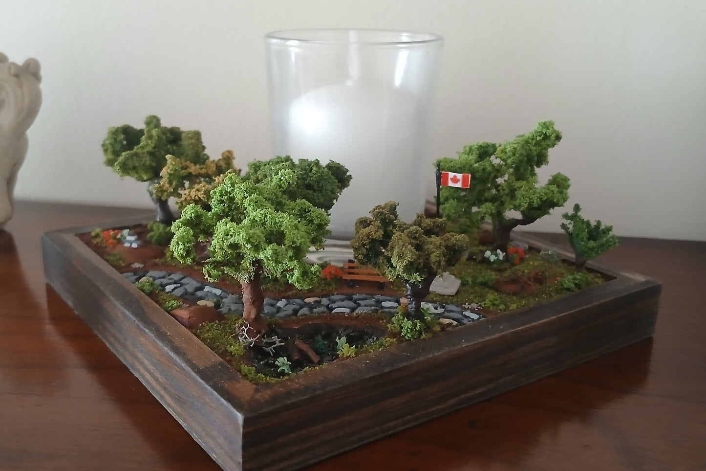 Miniature cobblestone path through scenic forest with bench and flowers   Pot holder, model display, candle holder, diorama