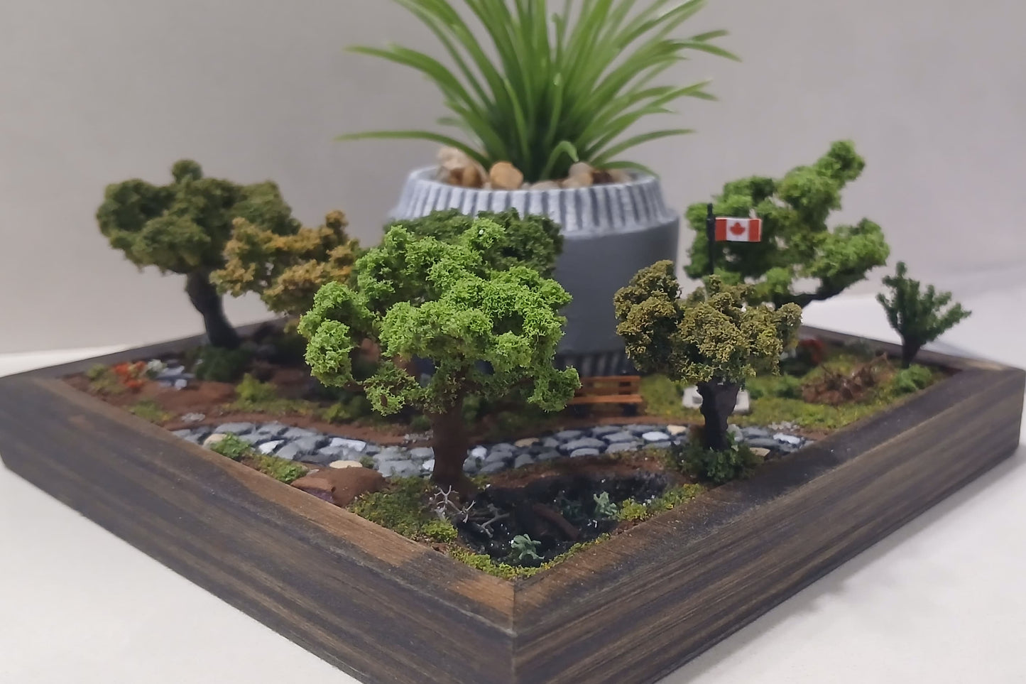 Miniature cobblestone path through scenic forest with bench and flowers   Pot holder, model display, candle holder, diorama