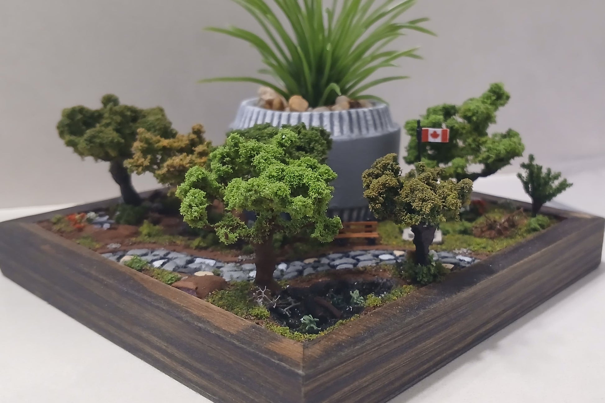 Miniature cobblestone path through scenic forest with bench and flowers   Pot holder, model display, candle holder, diorama