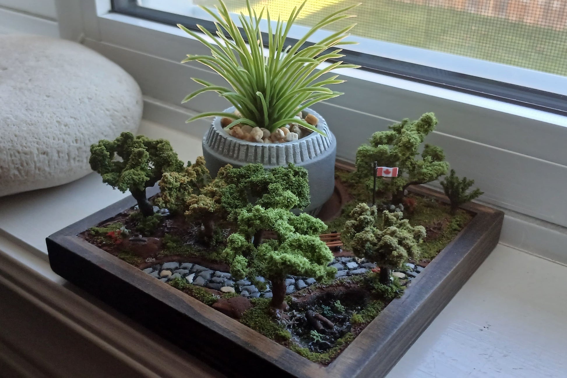 Miniature cobblestone path through scenic forest with bench and flowers   Pot holder, model display, candle holder, diorama