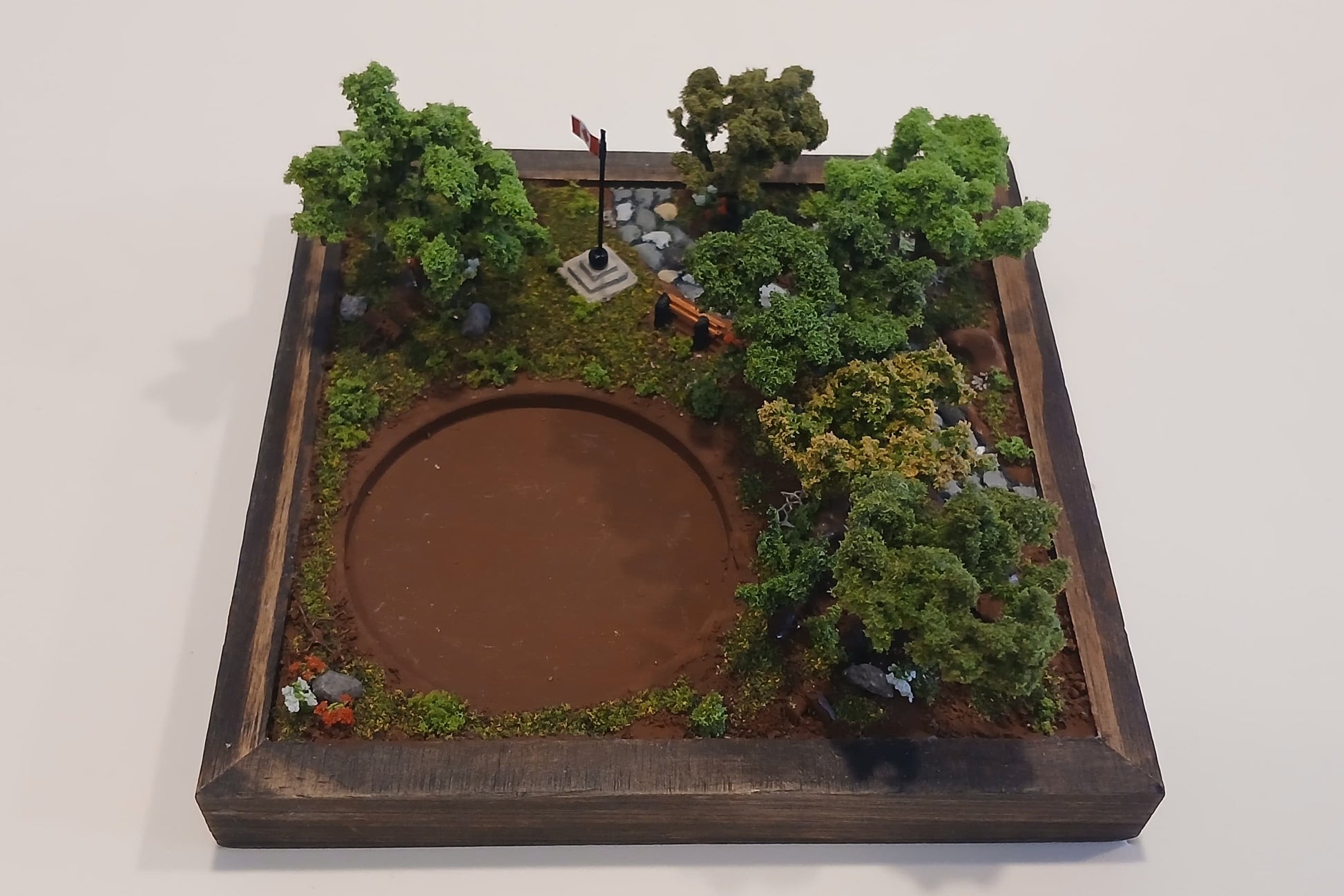 Miniature cobblestone path through scenic forest with bench and flowers   Pot holder, model display, candle holder, diorama