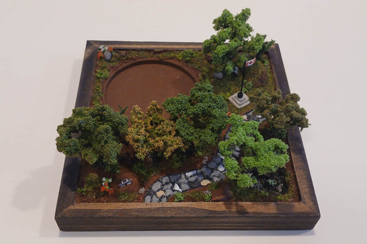Miniature cobblestone path through scenic forest with bench and flowers   Pot holder, model display, candle holder, diorama