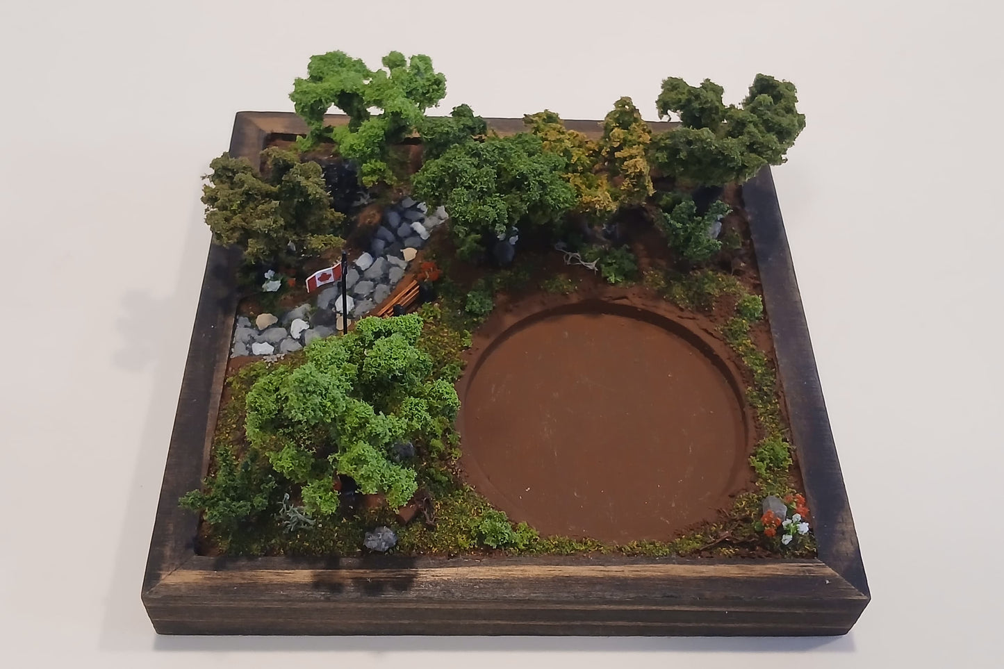Miniature cobblestone path through scenic forest with bench and flowers   Pot holder, model display, candle holder, diorama