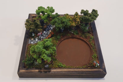 Miniature cobblestone path through scenic forest with bench and flowers   Pot holder, model display, candle holder, diorama
