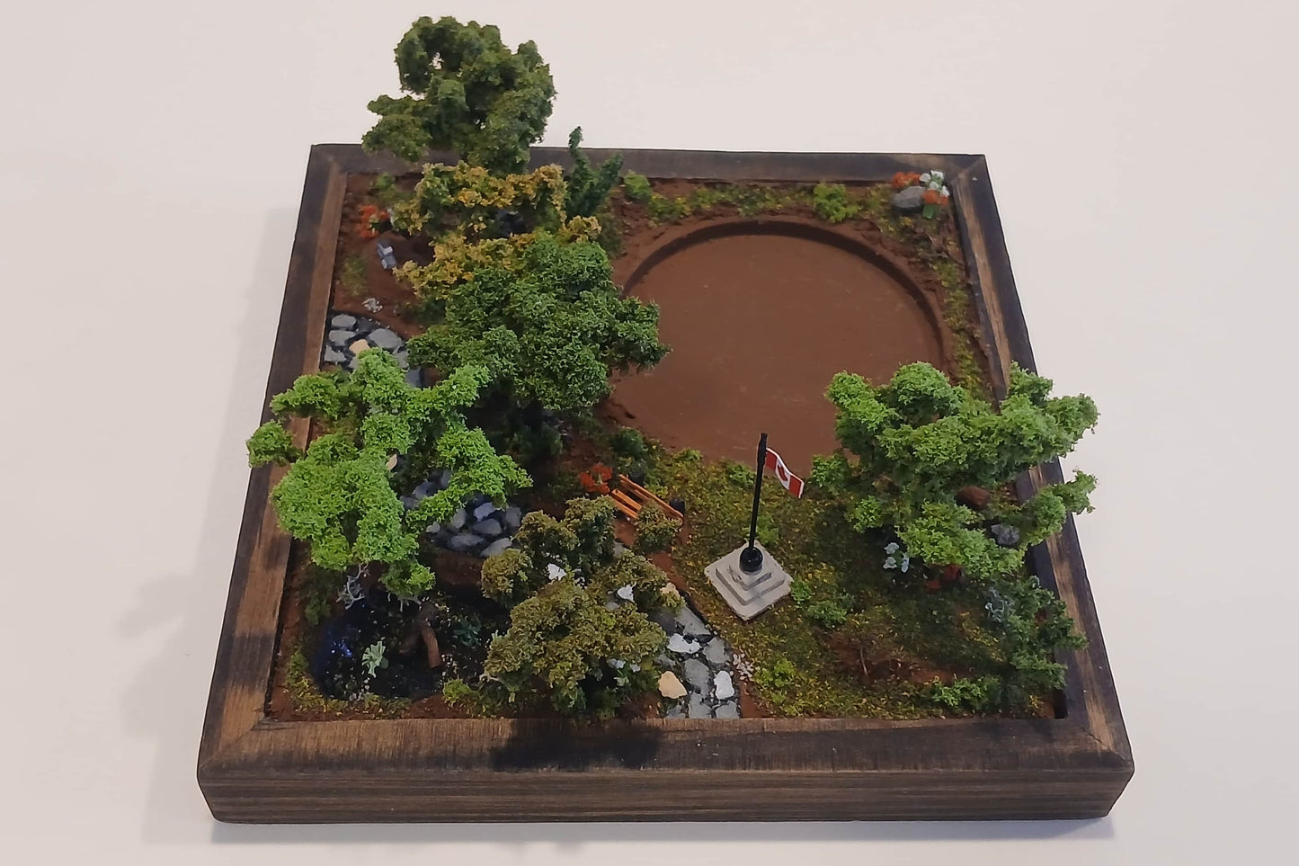 Miniature cobblestone path through scenic forest with bench and flowers   Pot holder, model display, candle holder, diorama