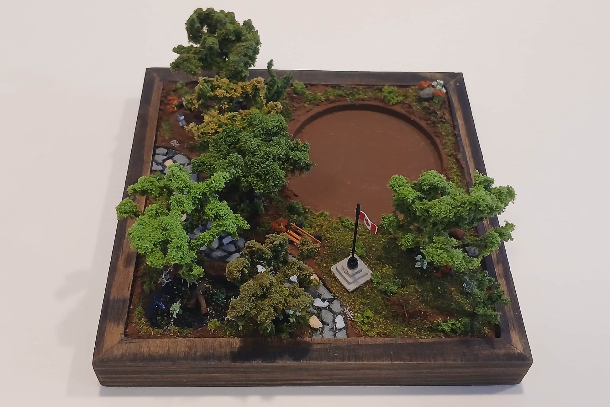 Miniature cobblestone path through scenic forest with bench and flowers   Pot holder, model display, candle holder, diorama