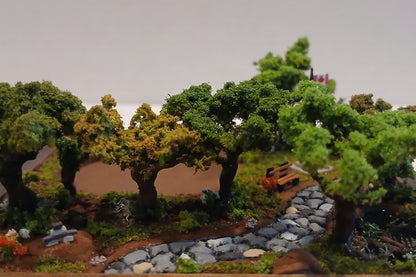 Miniature cobblestone path through scenic forest with bench and flowers   Pot holder, model display, candle holder, diorama