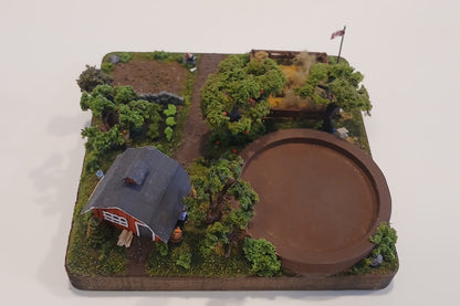Miniature model farm scene with barn, trees, garden, field and pathways on a wooden plaque Pot holder, model display, candle holder, diorama