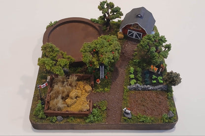 Miniature model farm scene with barn, trees, garden, field and pathways on a wooden plaque Pot holder, model display, candle holder, diorama