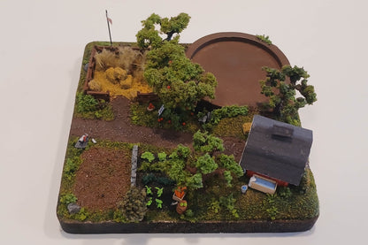 Miniature model farm scene with barn, trees, garden, field and pathways on a wooden plaque Pot holder, model display, candle holder, diorama